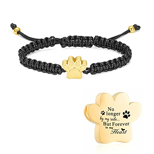 constantlife Cremation Bracelet for Ashes Stainless Steel Paw Print Urn Jewelry Braided Rope Adjustable Bangle Keepsake Pet Dog Cat Ash Holder Memorial Gift for Women Men - color: Golden