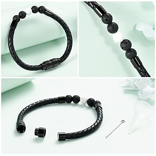 shajwo Cremation Jewelry Lava Stone Urn Bracelet for Ashes for Women Men Chakra Healing Balancing Genuine Leather Memorial Bracelets - color: Black（4 Lava Stone + 1 White Howlite）