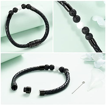 shajwo Cremation Jewelry Lava Stone Urn Bracelet for Ashes for Women Men Chakra Healing Balancing Genuine Leather Memorial Bracelets - color: Black（4 Lava Stone + 1 White Howlite）