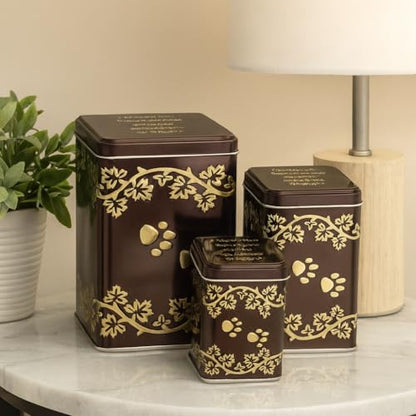 Rainbow Bridge Cremation Urn Tins Set - Small, Medium, Large - Nesting Memorial Containers with Gold Paw Prints and Ivy Design - Pet Ashes and Keepsakes