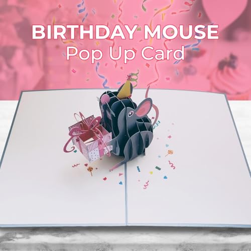 Gifts And Cards Happy Mouse Birthday Party Hat Gift 3D Pop-Up Card 6"x8" | Best Wishes, Congratulations, Cheerful Animal Lovers Presents, Feliz Cumpleaños, Friend, Daughter, Son, Festive Keepsake - color: Mouse Birthday