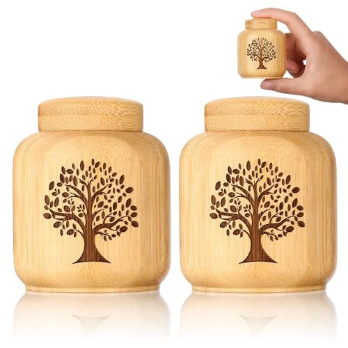 Mini Urns for Human Ashes Made of Bamboo,Small Urns for Ashes Keepsake with Tree of Life Pattern,Biodegradable Urn for Pet Cremation Keepsakes,Set of 2