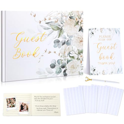 Wedding Guest Book with Pen and Table Sign, 7x9 Inch Photo Guestbook with 88 Lined Pages, Personalized Guestbook Photo Album Sign in Book for Reception Bridal Shower Wedding Birthday Party(Greenery) - style: Greenery
