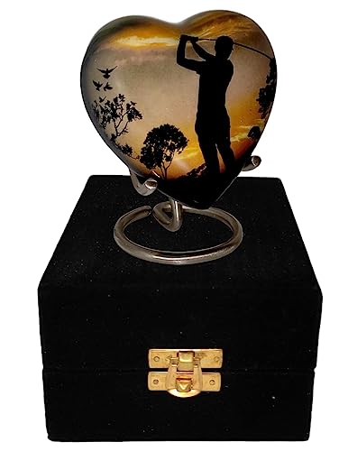 Classic Heart Shape Keepsake Aluminum Urn for Human Ashes – with Box and Stand - Peaceful Golfer Design 7 cms high Handmade Product for Tribute Your Love Once Dimension 7x7x3.5 cms