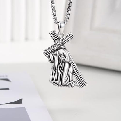 Crucifix Necklace for Men 925 Sterling Silver Jesus Cross Necklace Crucifix Cross Pendant Protection Jewelry for Men Women - style: B04-Carrying Cross-Kneeling