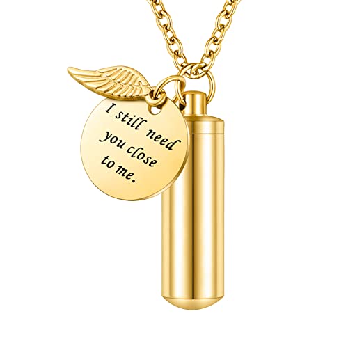 abooxiu Cylinder Urn Necklace for Ashes Cremation Jewelry/Keychain for human Pet Stainless Steel Memorial Keepsake Pendant with Angel Wing Charm Ashes - color: Gold