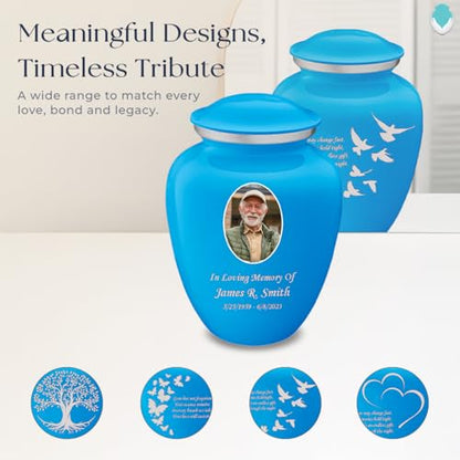 Embrace Adult Personalized Doves Cremation Urns for Human Ashes I Large Picture Racing Blue Funeral Urn for Adult Men and Women with Double Side Engraving I 200 lbs - color: _Racing Blue (Double Sided)