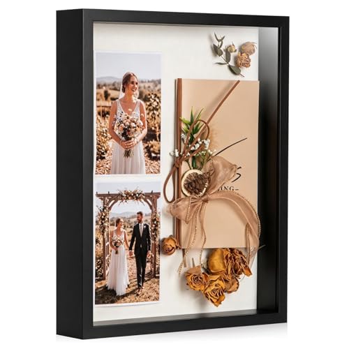 11x14 Shadow Box Frame with Ultra-Clear Glass & Soft Linen Back | With Push Pins and Stand, Deep 1.5" Black Shadow Box Display Case – Display on Tabletop or Wall for Photo, Wedding, Keepsake - color: Black+high Definition Panel + Shatter-proof Packaging,