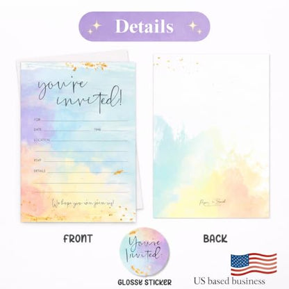 Paper 'n Such Blank Party Birthday Invitations With Envelopes For All Occasions, Set of 25 - Weddings, Bridal Showers, Engagement, Graduation, Fill In Colorful Watercolor Invites -Kids or Adults