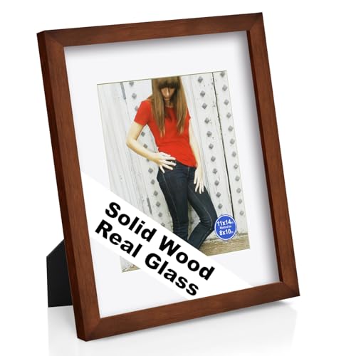 RPJC 11x14 Solid Wood Picture Frame Real Glass Cover Brown - color: Brown, size: 11x14 mat 8x10
