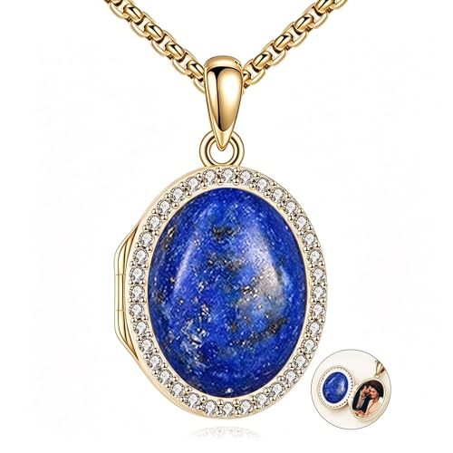 ONEFINITY Locket Necklace Photo Necklace Memorial Jewelry Gifts for Women Mom Wife - color: gold-Lapis Lazuli