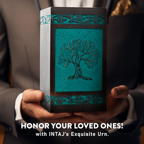 Tree of Life Wooden Urn for Human Ashes, Medium 115 cu in, Teal Green - color: Teal Green, size: Medium (115 cu in)