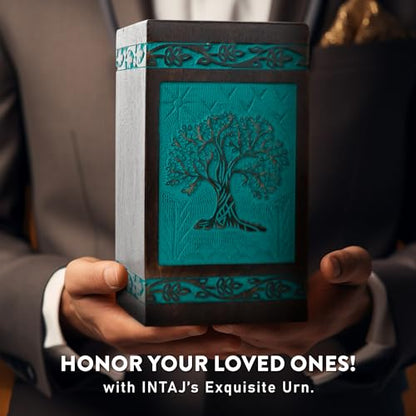 Tree of Life Wooden Urn for Human Ashes, Medium 115 cu in, Teal Green - color: Teal Green, size: Medium (115 cu in)