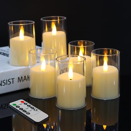 6 Pack Flickering Flameless Votive Candles with Timer and Remote, Battery Operated Long Lasting 300+ Hours, Small Pillar LED Fake Candles for Wedding Home Decor, Acrylic Shell, 2" x 3" - size: 2"x3"-6 Pack