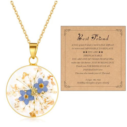 AUNTESIGN Forget-Me-Not and Queen Anne's Lace Pressed Wildflower Necklace | Birth Month Flowers Necklace | Gold/Silver Pressed Flower Jewelry | Mother's Day | Gift For Her - color: Forget-Me-Not Necklace with Card(Best Friend)