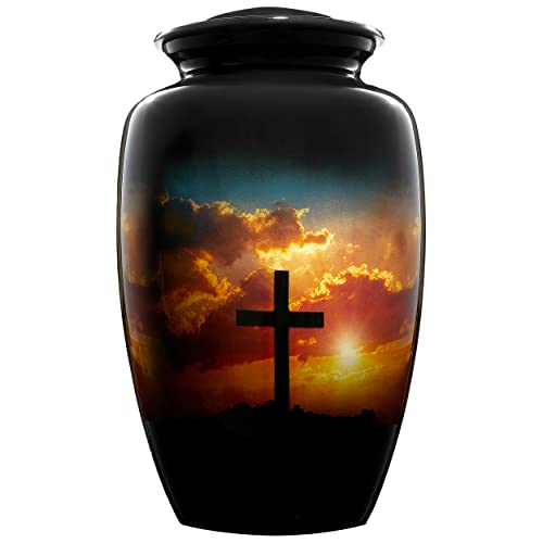 Cross Cremation Urn for Human Ashes Black Sky - Religious Hand Made Funeral Urn in Aluminum - Suitable for Christian Cemetery Burial or Niche - Large Size fits Remains of Adults up to 200 lbs - color: Black