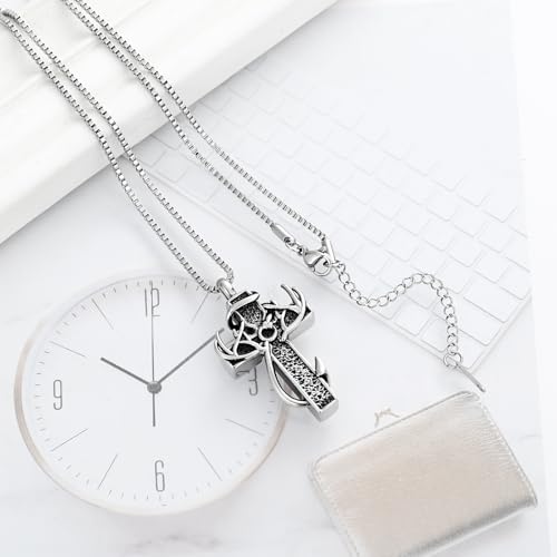 XSMZB Cross Cremation Jewelry Urn Necklace for Human Ashes Fish Hook Memorial Urn Pendant Deer Antler Cross Ashes Holder Keepsake Jewelry - color: Silver-Black
