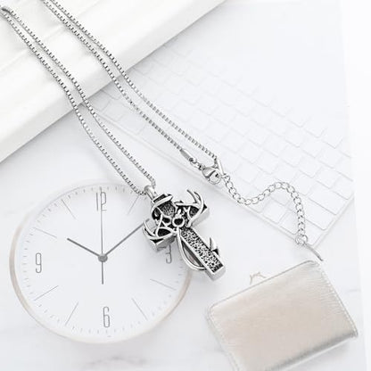 XSMZB Cross Cremation Jewelry Urn Necklace for Human Ashes Fish Hook Memorial Urn Pendant Deer Antler Cross Ashes Holder Keepsake Jewelry - color: Silver-Black