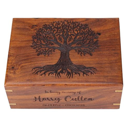 Personalized Rosewood Cremation Urn for Human or Pet Ashes, Engraved Tree of Life Wooden Memorial Urn Box, Funeral Keepsake Urn for Adults, Male or Female, Custom Sizes XS to XXL (12–250 lbs Capacity)