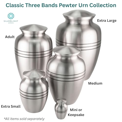 Classic Three Bands Pewter Cremation Urn for Ashes - Extra Small, Brass, Silver Urn, Extra Small Sized Cremation Urn, Child Urn, 8.25 Inches High - size: Extra Small Urn