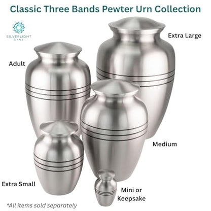 Classic Three Bands Pewter Cremation Urn for Ashes - Extra Small, Brass, Silver Urn, Extra Small Sized Cremation Urn, Child Urn, 8.25 Inches High - size: Extra Small Urn