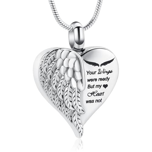Love Heart Cremation Jewelry Urn Necklaces Wing Urn Necklaces for Ashes Memorial Keepsake Pendant for Women Men Gifts With Funnel Kit & Bag - color: Silver