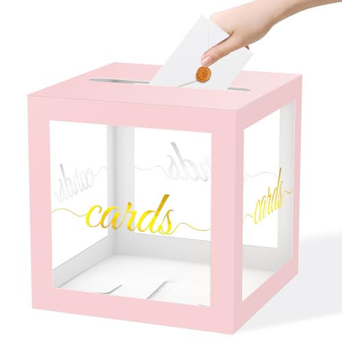 QISOLIY Pink Clear Gold Card Box Wedding Card Boxes for Reception Holder Money Box for Birthdays, Baby Showers, Weddings, Retirements, Graduations, Anniversaries Party - color: Pink Clear Gold
