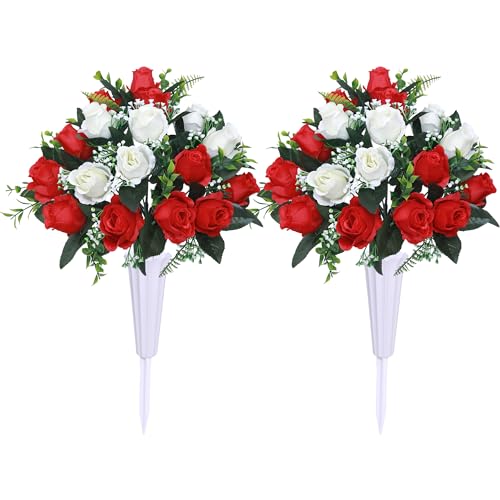Set of 2 Artificial Cemetery Flowers with Vase,Grave Memorial Day Flowers for Cemetery Headstones Gravesites (Red,White) - color: Red & White