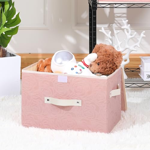 ANMINY Fabric Storage Box Bins with Lids, Rose Print, Pink, Large | Keepsake Memory Storage, Nonwoven Fabric, PP Board Frame, Washable, PU Handles, Foldable Stackable, Decorative, 15"x10"x10" - size: Large (Pack of 1)