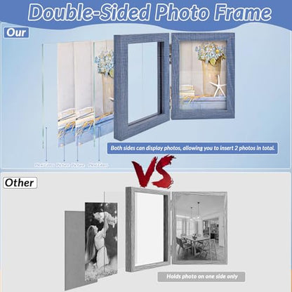 Collage Picture Photo Frames - 3.5x5, Triple Hinged 2 Desk Picture Frame, Wooden Desk Tabletop Family Photo Frame with Glass Opening, Decorative Folding Trifold Picture Frame Stand Vertical, Blue - style: Collage Blue 2-Fold,3×3.5"