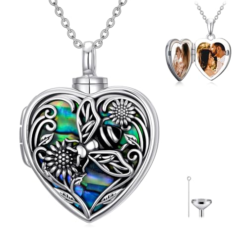 TOUPOP Heart Urn Locket Necklace for Ashes and Pictures 925 Sterling Silver Locket Cremation Jewelry with Abalone Shell Keepsake Memorial Gifts for Women（That Holds Pictures and Ashes） - style: Bee
