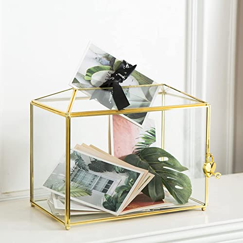 Glass Wedding Card Box with Slot, Large Clear Card Box 10.2 inch Gold Brass Gift Card Storage Box with Lock for Wedding Receptions, Baby Shower, Birthday Party, Bridal Shower - color: 10.2 inch