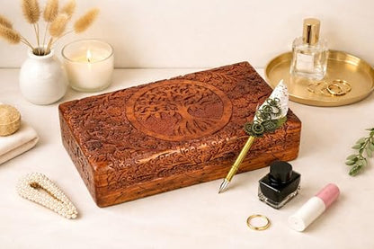 India House-Hand Engraved TREE OF LIFE Wooden Box Keepsake Jewelry Organizer &Storage (Design 13) - color: Design 13