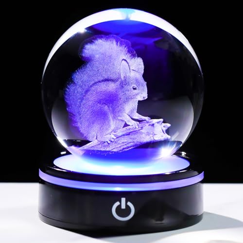YWHL 3D Squirrel Figurine Crystal Ball With Colorful Light Base, Squirrel Gifts For Women And Men On Christmas Birthday, 3D Laser Engraved Ornament Glass Decorative Ball For Home Decor (80mm) - color: Squirrel
