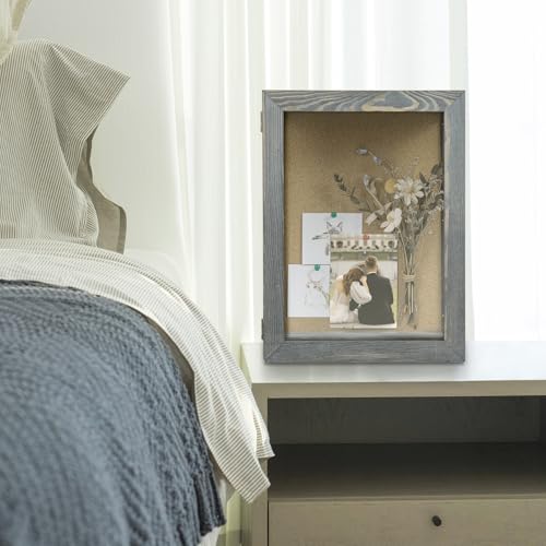 MyGift 11x15 Deep Shadow Box Frame, Display Case Wall Mount for Picture, Heirloom, Home Office Décor, Wedding & Military Memorabilia Display, Solid Wood, Clear Acrylic, Magnetic Lock, Grey | Magnetic Closure, Clear Front Panel, Keepsakes Memorbilia Displa