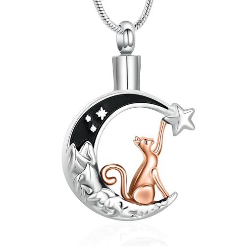 zeqingjw Cat Moon Cremation Necklace for Ashes Pet Ashes Keepsake Urn Jewelry for Ashes Stainless Steel Pet Urn Pendant Memorial Gift for Loved Ones - color: Rose Gold