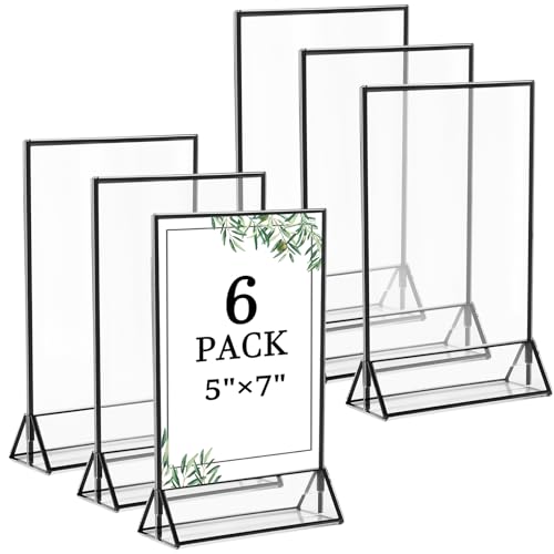 6 Pack 5x7 Inch Clear Acrylic Sign Holders, Double-Sided Black Display Stand Picture Frames for Table Numbers, Menus, Flyers, Weddings, and Offices - color: Black, size: 5" x 7"- 6 Pack