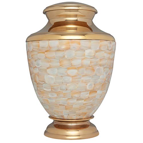 Mother of Pearl Hand Made Brass Funeral Urn - Cremation Urn for Human Ashes - Suitable for Cemetery Burial or Niche - White and Gold - Large Size fits remains of Adults up to 200 lbs - color: Gold