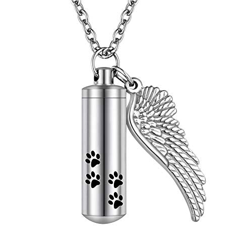 abooxiu Cylinder Cremation Urn Necklace with Angel Wing & Pet Paw - Ashes Keepsake for Dog/Cat Memorial - color: Silver-M