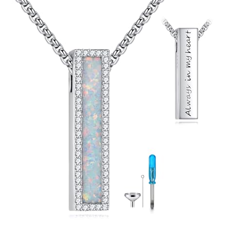 Cremation Urn Necklace for Ashes 925 Sterling Silver Moon Phase/Tree of Life/Hummingbird/Moss Agate/Opal/Compass/Mountain/Butterfly/Turquoise/Sunflower/Dragonfly/Cross Pendant Necklace Cremation Memorial Keepsake Urn Jewelry for Women Men - style: Opal