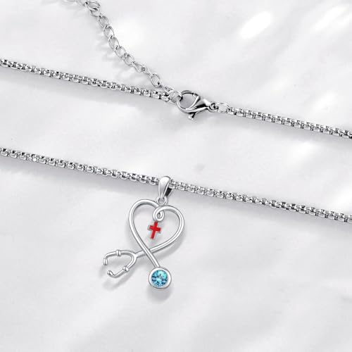 Angel Wings Necklace 925 Sterling Silver Guardian Angel Nurse RN Caduceus Pendant Charm Crystal Angel Jewelry Gifts for Women - style: H-Stethoscope-03-Mar.-Aquamarine