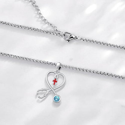 Angel Wings Necklace 925 Sterling Silver Guardian Angel Nurse RN Caduceus Pendant Charm Crystal Angel Jewelry Gifts for Women - style: H-Stethoscope-03-Mar.-Aquamarine