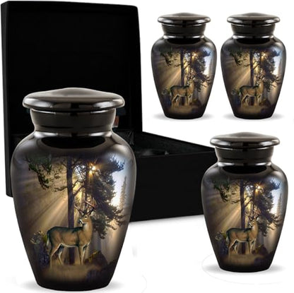 Gone Hunting Deer Keepsake Urns with Sunrays – Set of 4 Majestic Buck Mini Cremation Urns for Human Ashes – Handcrafted Sharing Token Funeral & Memorial Urns with Velvet Bags & Funnel (S/4 Keepsakes) - size: Set of 4 Keepsake