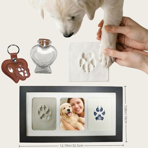 Black Pet Paw Print Keepsake Photo Frame, Mess-Free 3-Panel Wooden Pet Loss Memorial Kit for Dog & Cat - color: black