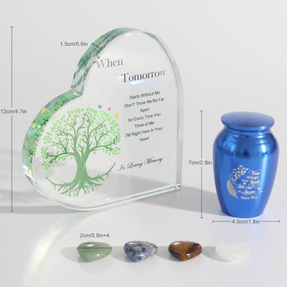 Tree of Life Small Urn,Crystal Heart Mini Urn with Blue Tiny Urn & Four Heart-Shaped Stones,Small Keepsake Urns for Human Ashes Memorial Urn for Mom/Dad's Ashes Tiny Cremation Sharing Urn