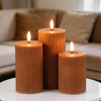 Brown Battery Operated Flameless Candles with 6 Hour Timer | 3D Wick Flickering LED Pillar Candles, Vertical Stripe Wax, Dinner Wedding Christmas Holiday Decor, 3"Dx5",6",7"H, 3 Pack - color: 7-3 Pack Brown Timer