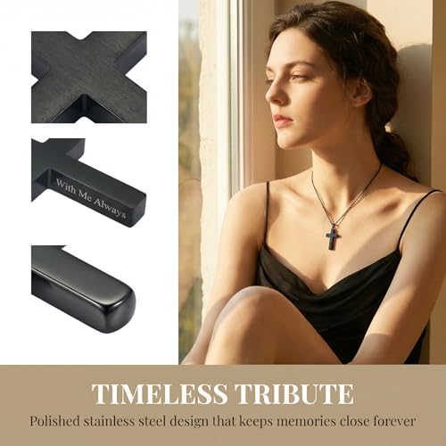 Cross Urn Necklaces For Ashes, Black Cross Ashes Necklace For Men Women, Stainless Steel Memorial Ash Holder Pendant, 'With Me Always' Keepsake Cremation Jewelry With Filling Kit & Velvet Bag