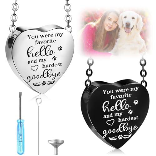 Yinkin 2 Pcs Pet Cremation Jewelry for Ashes Urn Necklace,Stylish | Pet Dog Necklace with Paw Print Heart Stainless Steel Pendant Black and Silver Urn Locket with Funnel Kit for Dog Cat Ashes - style: Stylish