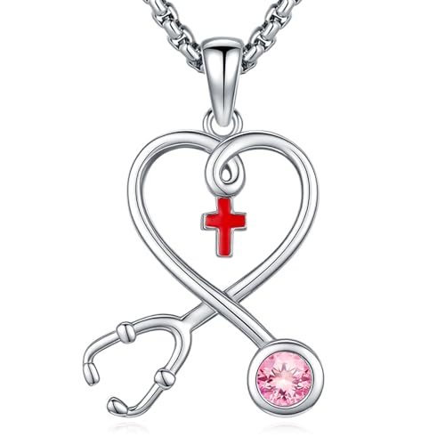 Angel Wings Necklace 925 Sterling Silver Guardian Angel Nurse RN Caduceus Pendant Charm Crystal Angel Jewelry Gifts for Women - style: H-Stethoscope-10-Oct.-Tourmaline Pink