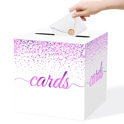 WNINK White Purple Gold Cards Box for Birthday, Wedding, Bridal or Baby Shower, Graduation, Anniversaries, Engagement Party Decorations Supplies Money and Cards Receiving Box - color: White Purple